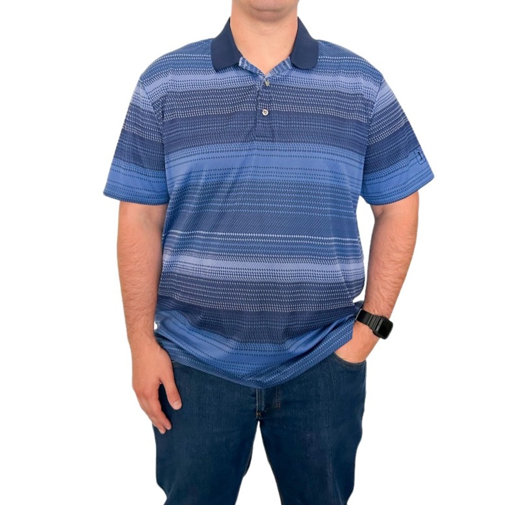 PGA Tour Golf Polo Shirt Blue Black Striped Short Sleeve Button Collar XXL